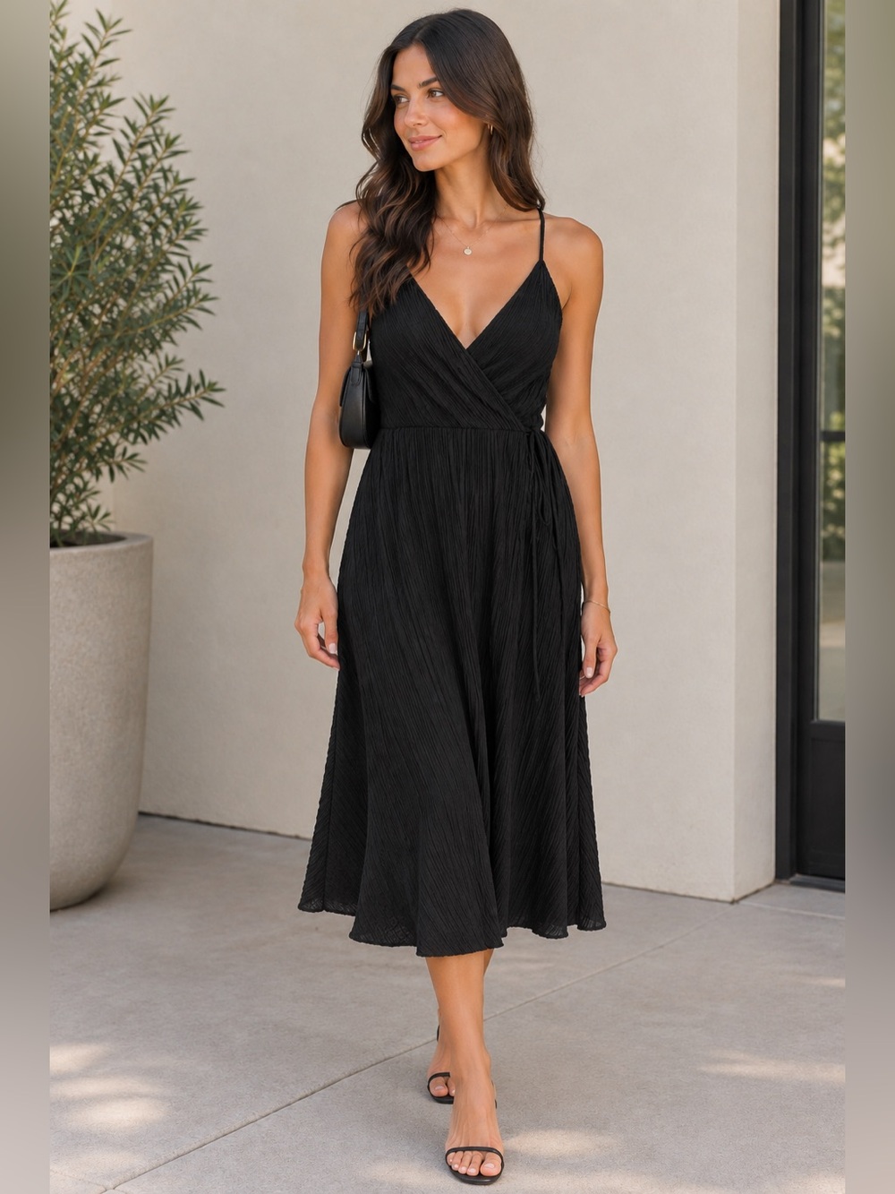H&M Black Pleated Wrap-Style Midi Dress